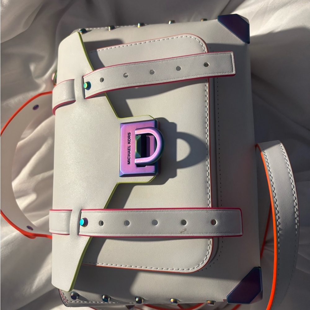 Michael Kors White and Purple Crossbody Bag with Structured Design